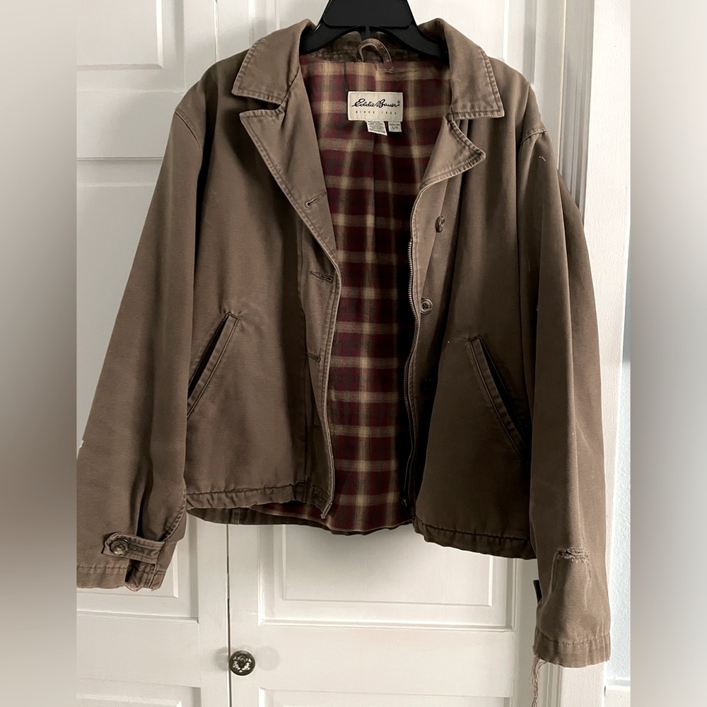 Eddie Bauer ladies, large olive green jacket, 100% cotton.